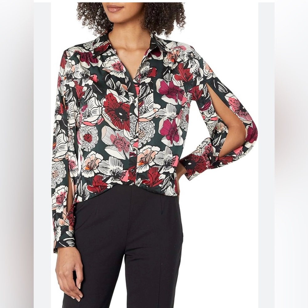 Trina Turk Silk Floral Button Front Blouse Women Sz L Preppy Office Career